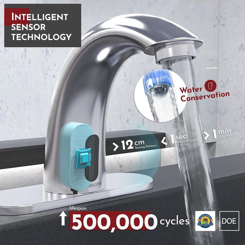 PRIMSOPH Automatic Motion Sensor Hands Free Electronic Infrared Smart Commercial Touchless Bathroom Sink Faucet with Cover Plate Temperature Mixer Battery or Plug-in Powered Chrome - Image 2